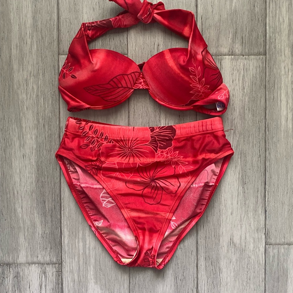 Liquid Blue Two Piece Swimsuit Red With Sparkles Glitter Floral Tropical Bikini
